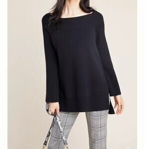 Anthropologie Elise Ribbed Tunic High Low Boatneck Sweater Bell sleeve Black XS
